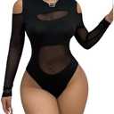 WDIRARA Women's Cold Shoulder Long Sleeve Bodysuit Sheer Mesh Jumpsuit Sexy Leotard Tops, Medium