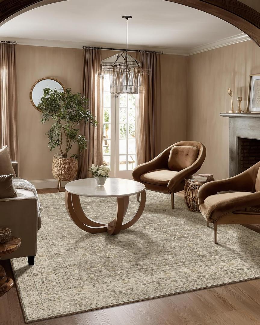 Machine Washable Rugs for Living Room: 5x7 Area Rugs for Bedroom Vintage Stain Resistant Non Slip Low Pile Lightweight Boho Carpet for Kitchen Dining Room Farmhouse Kids Room Nursery (Brown and Grey)