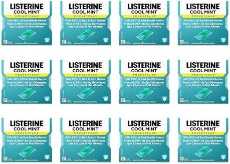 Listerine Cool Mint PocketPaks Portable Breath Strips for Bad Breath, Fresh Breath Strips Dissolve Instantly to Kill 99% of Bad Breath Germs* On-The-Go, Cool Mint, 8 Pack