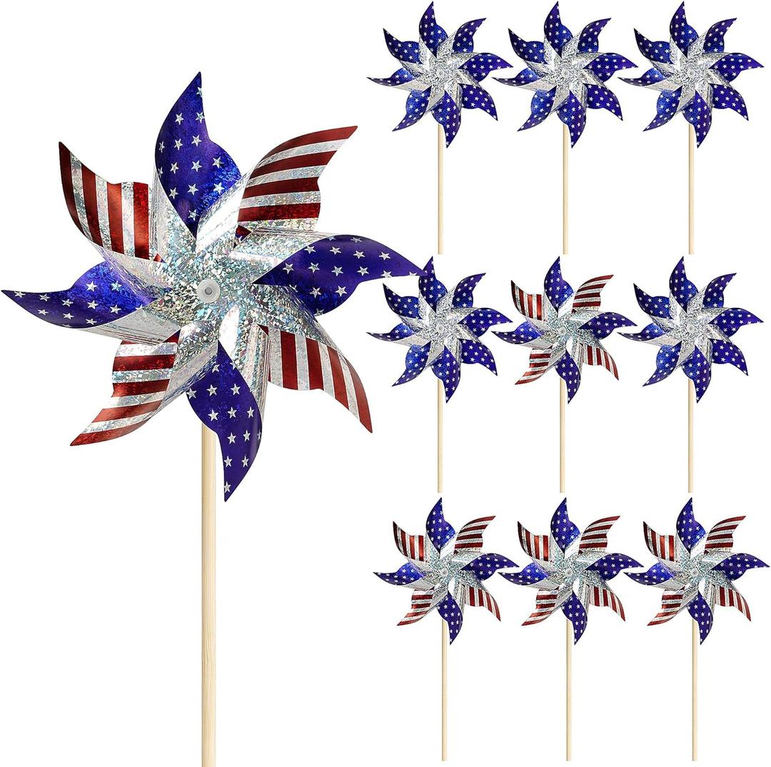HOOSUN 10 Pcs 4th of July Pinwheels for Yard and Garden 4th of July Decorations,American Flag Patriotic Pinwheels to Scare Birds Away,Red White Blue Reflective Wind Spinners, Memorial Day Decorations