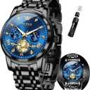OLEVS Mens Watches Chronograph Watch Luxury Dress Stainless Steel Waterproof Watches for Men Moon Phase Luminous Business Calendar Wrist Watch Blue/Black/Green/Gold/Face