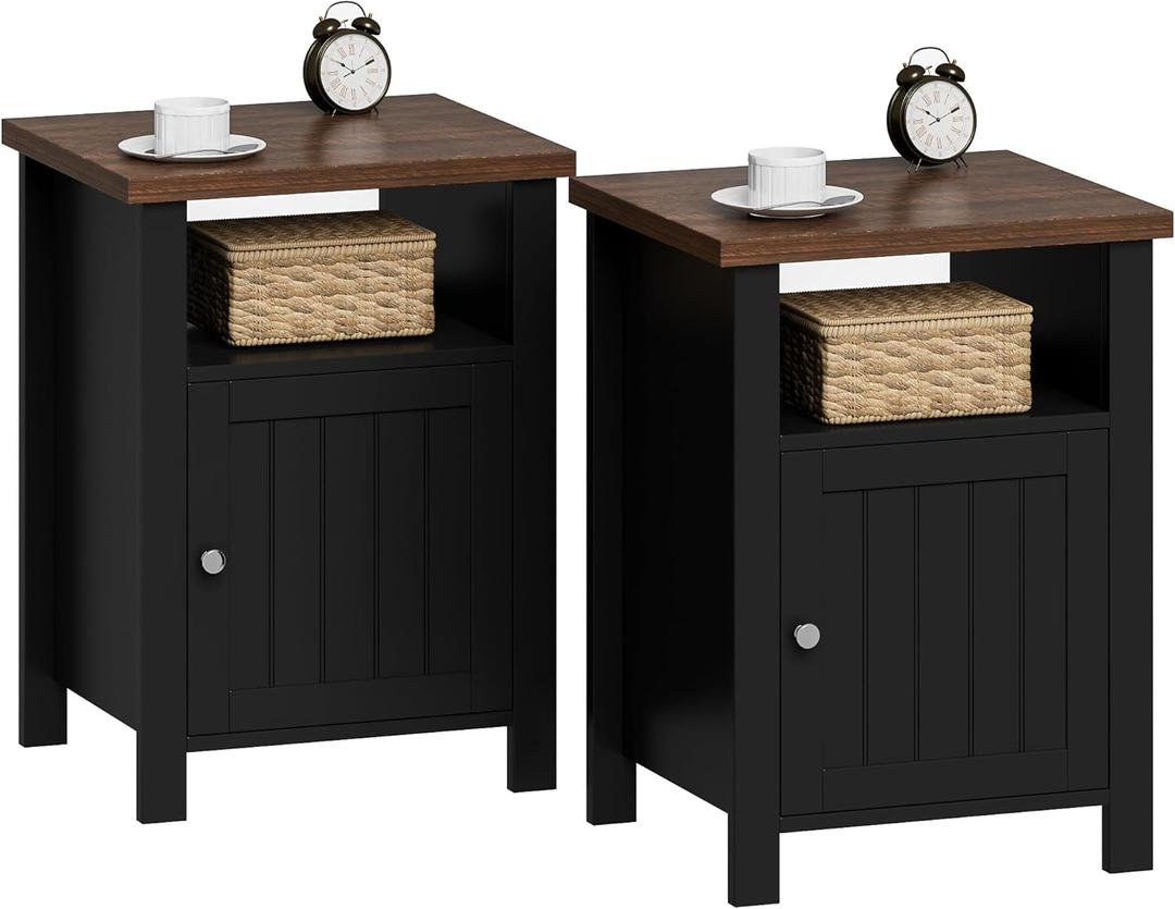 ChooChoo Nightstands Set of 2, Rustic Vintage End Side Table with Storage for Bedroom Living Room, Black&Brown