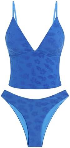 ZAFUL Women's Spaghetti Strap Tankini Swimsuits V Neck Tummy Control Tie Side Thong Bikini Swimsuits 2 Piece Bathing Suits Size L