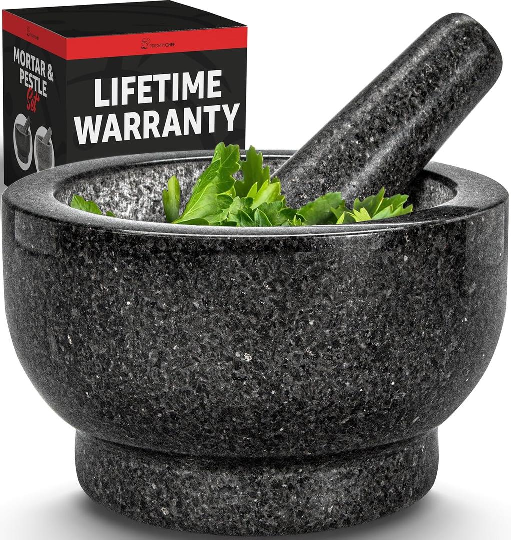 PriorityChef Large Mortar and Pestle Set, 4 Cups, 100% Natural Granite Mortar and Pestle Stone Grinder Bowl, Molcajete Bowl, Avocado Masher Guacamole Bowls, Black