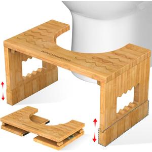 KingPavonini Bamboo Toilet Stool Squat 7in & 9in Heights Adjustable, Foldable Poop Stool for Adult, for Bathroom with Non-Slip Grooves Portable, Space-Saving, 400 lbs Capacity (Upgrade)