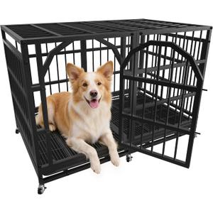 Heavy Duty Dog Crate 42 Inch Indestructible Escape Proof Cage Black Large Dog Kennel Indoor for High Anxiety Dogs with Wheels, Locks and Remorvable Trays