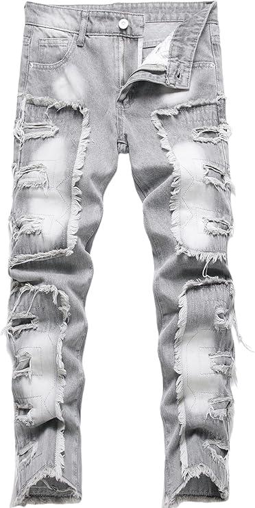 Women's High Waisted Ripped Jeans Loose Fit Distressed Y2K Straight Wide Leg Baggy Denim Pants, Size 16, Grey 