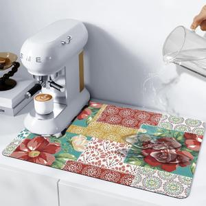 Premium Coffee Mat - Non-Slip Rubber Backed Absorbent Dish Drying Mat for Kitchen Counter Coffee Mat Super Absorbent Ideal coffee maker mat for countertops Coffee Bar Mat Flowers