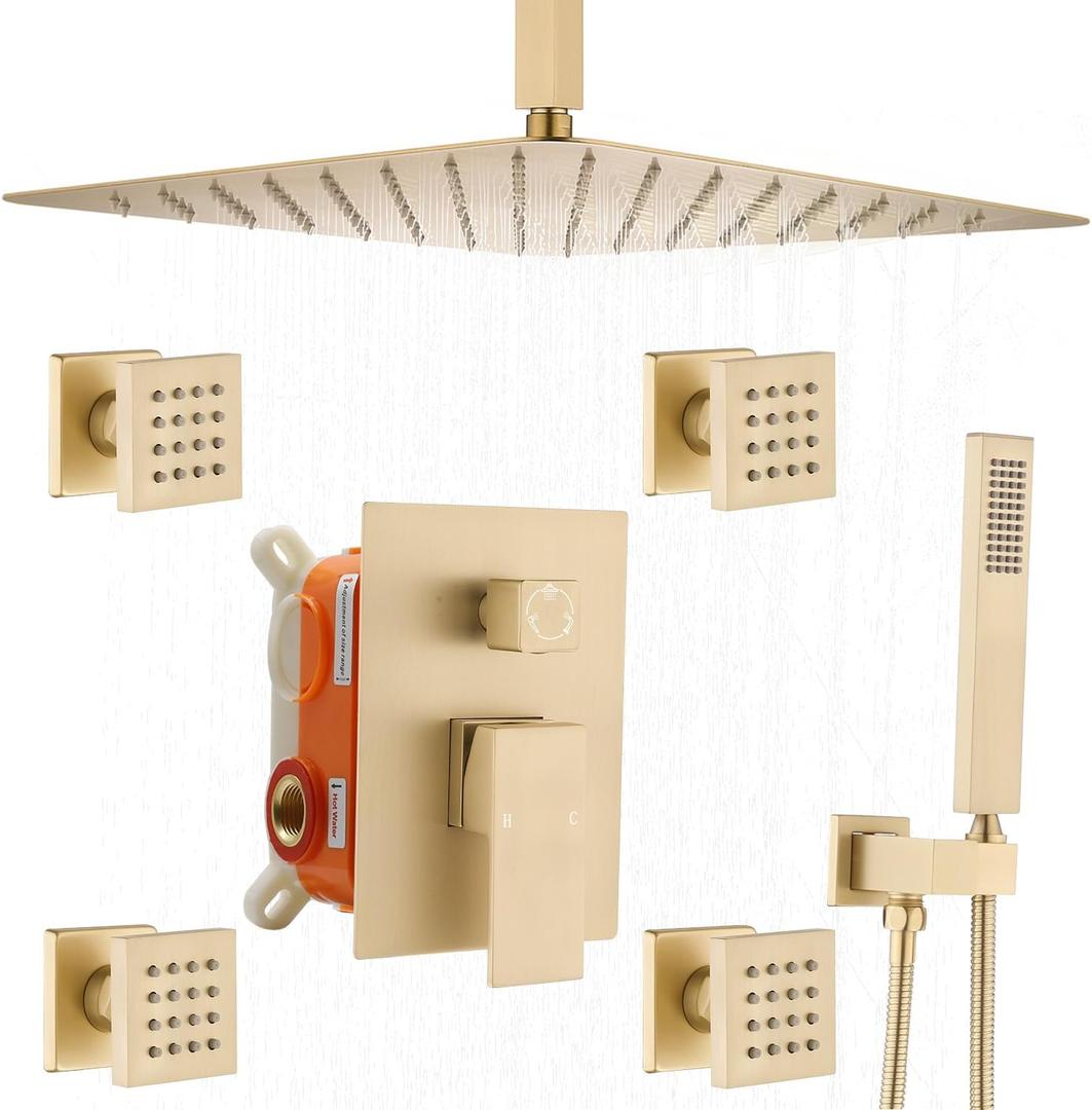 Enga Brushed Gold Rain Shower System with 4 Body Shower Jets 12inch Ceiling Mount Rainfall Shower Head & Handheld, Multi Shower Head System Rain Shower Faucets sets Combo with Rough-in Valve (Brushed Gold)