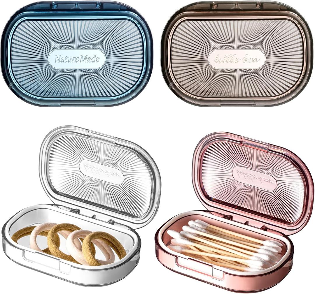 Kigley 4 Pcs Hair Tie Container Small Portable Travel Cotton Swab Holder Flosser Dispenser with Lid Plastic Box Storage Containers for Small Items, 3.94 x 2.76 Inch(Pink, Blue, White, Gray)