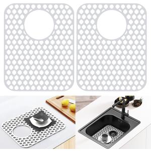 2 Pack Silicone Sink Protector for Kitchen Sink Bathroom, 13.58" x 11.6" Heat-resistant Sink Mat Non-Slip and Durable Silicone Protectors, Rear Drain, White