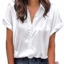 Zeagoo Womens Satin Blouse Short Sleeve Silk Tops Button Down Shirts | Fashion Collared Shirt, Office Work Top, Wedding Date Night Party Outfit, Trendy Spring Summer Fall Clothes (White, S)