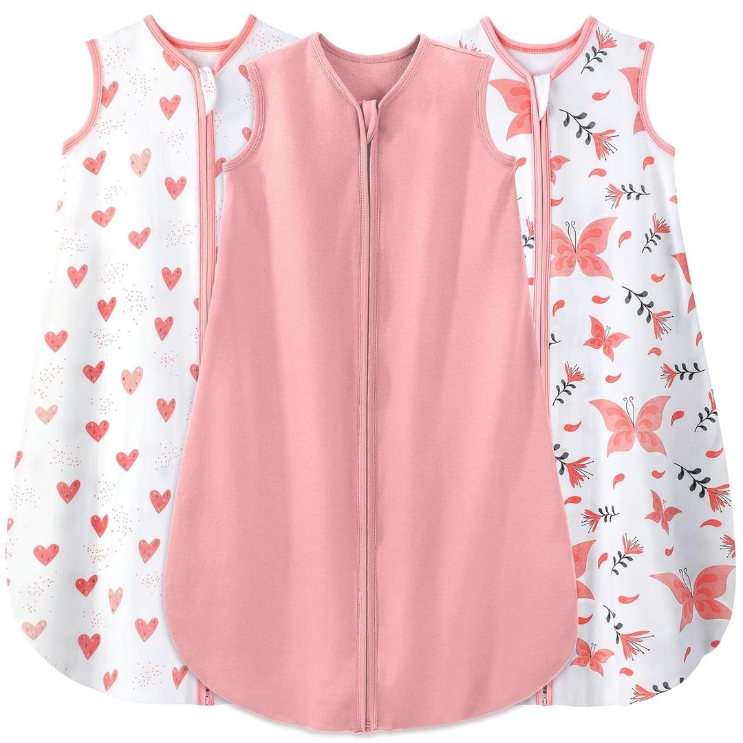 Yoofoss Baby Sleep Sack 6-12 Months Baby Wearable Blanket 100% Organic Cotton 2-Way Zipper TOG 0.5 Toddler Sleeping Sack, Lightweight Sleep Sacks for Babies(Medium) (Pink & Heart & Butterfly)