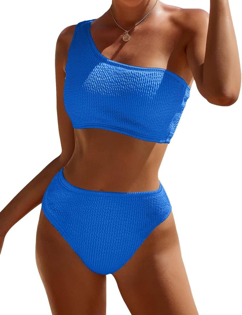 Bikini Sets for Women High Waisted 2 Piece Bestselling Swimsuit Ribbed One Shoulder Tummy Control Bathing Suit 2025, Size: X-Large