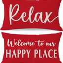 Welcome to Our Happy Place Relax Decorative Throw Pillow Covers 12x20 Inch Set of 2 Red Outdoor Rustic Farmhouse Porch Decor Cozy Lumbar Cushion Case Decoration for Home Sofa Couch Living Room