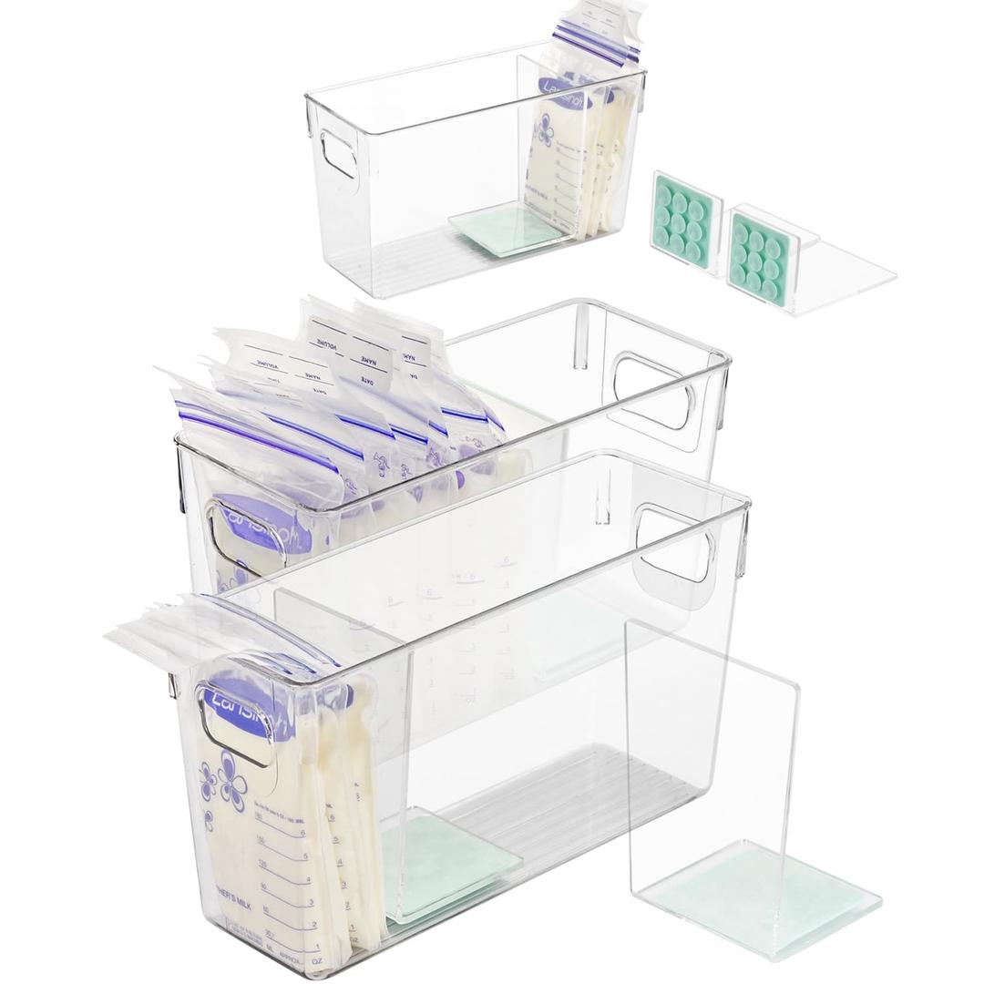 Breastmilk Storage Container with L Shaped Dividers to Flatten Standing Breast Milk Bags in Organizer Bins Save Refrigerator Space | 2 Containers with 4 Removable Separator Boards - Green