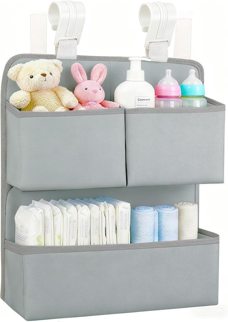 Hanging Diaper Organizer for Bassinet/Crib/Playpen/Playard  Hold 80+ Diapers - Changing Table Diaper Holder Attachment Accessories- Diaper Stacker Nursery Caddy Organizer - Grey