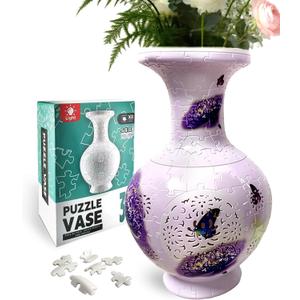 3D Puzzle Vase  200-Piece Interlocking Plastic DIY Flower Vase, Home Decor/Stress Reliever/Floral Arrangement Art, Unique Creative Gift (Light-Up Function) (Purple Blossoms)