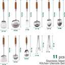 304 Stainless Steel Kitchen Utensils Set with Wooden Handle, 11 Pcs Long Heat Resistant Metal Cooking Utensils Set, Stainless Steel Cooking Utensils Set with Spatula, Turner, Solid and Slotted Spoon