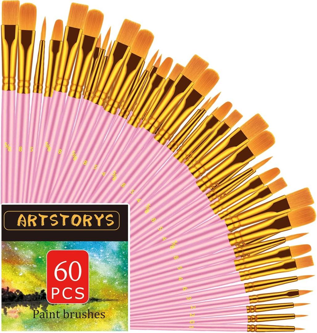 Paint Brushes Set, 60 Pcs Paint Brushes for Acrylic Painting, Oil Watercolor Acrylic Paint Brush, Artist Paintbrushes for Body Face Rock Canvas, Adult Drawing Arts Crafts Supplies, Pink