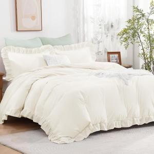 Andency Ivory Ruffle Duvet Cover Full(79x90Inch), 3 Pieces Cream Soft Washed Microfiber Vintage Shabby Chic Farmhouse Ruffled Duvet Cover Set with Zipper Closure & Corner Ties