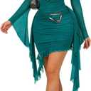 SHENHE Women's Sexy Deep V Neck Bell Sleeve Mesh Dress Ruched Bodycon Ruffle Party Mini Dress (Medium, Teal Blue)