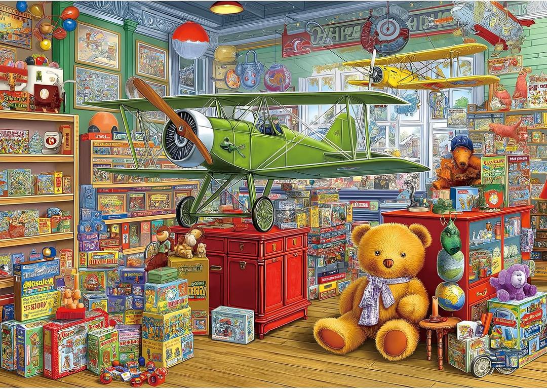 Vintage Toy Store Puzzle for Adults 1000 Piece Classic Bear and Airplane Scene Jigsaw Puzzle with Letters on Back Unique Fun Puzzle Games Gifts for Family Game Night & Home Decor(27.6" x 19.7")