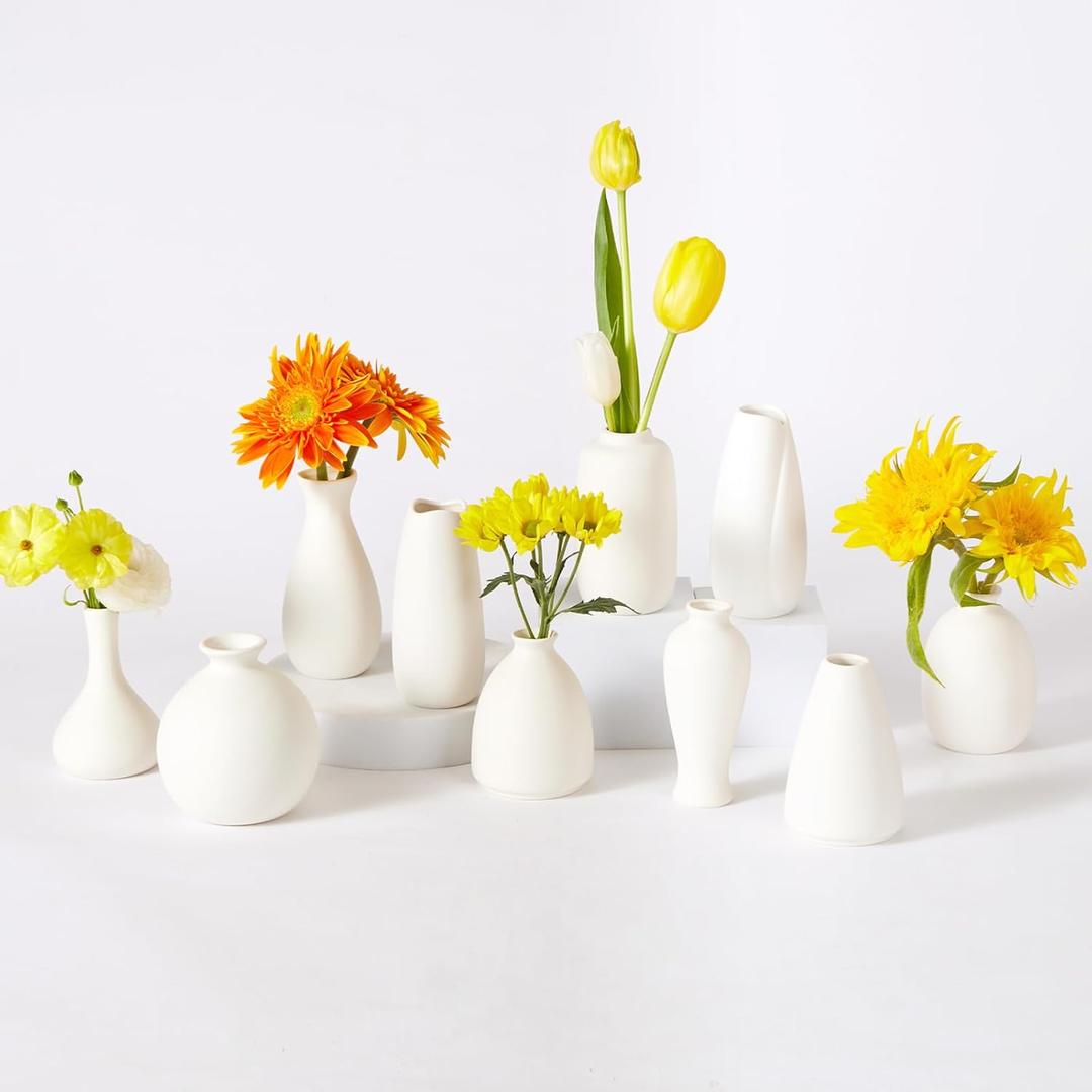 10pc Ceramic Bud Vases Set - 2-3 Inch White Small Vases Collection for Flowers | Boho & Modern Ceramic Vase Set for Table Dcor, Wedding, Cute Vase Home Decor