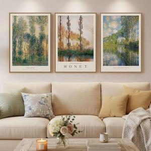 Large Framed Claude Monet Landscape Wall Art for Living Room, 3 Piece Impressionist Vintage Nature Prints Paintings, Green Tree Canvas Pictures Artwork Decor for Bedroom Entryway 16x24 Inch, 16W" x 24H"x3Pcs