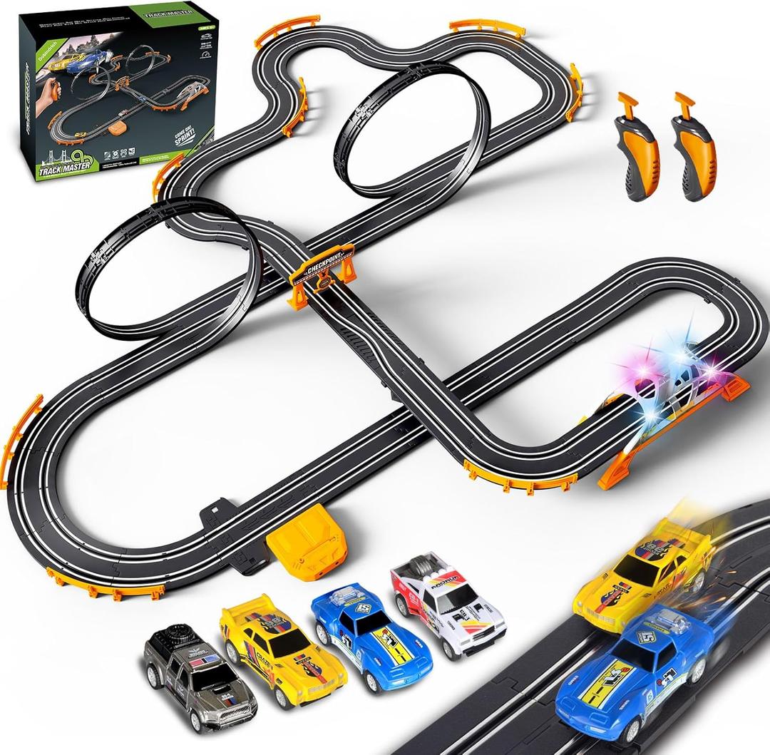 Slot Car Race Track for Kids with 4 Slot Cars, Dual Racing Electric Car Tracks Game Featuring Flash Bridge and Pendulum Toys Gifts for Boys Girls Age 6 7 8 Years Old