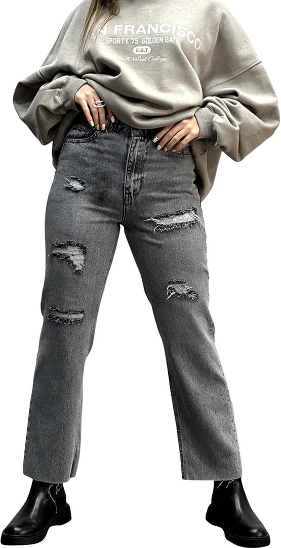 Women's Skinny Straight Leg Mid-High Waist Denim Jeans Casual Stretchy Denim Pants (Gray, XL)