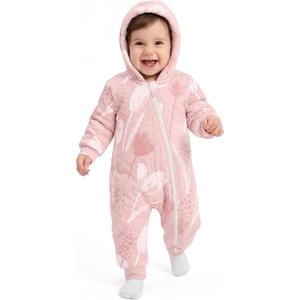 Baby Winter Clothes Cotton Baby Snowsuit for Boys Girls Long Sleeve Onesie Hooded Romper Newborn Jumpsuit Outfits (0-3 Months, Pink Flowers & Leaf)