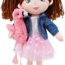 June Garden 15" Playmate Buddies - Plush Doll Mia with Her Stuffed Animal Companion Flamingo Rosie for Kids 1 Year and Up