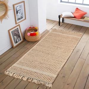 Chardin Home 2'x5' Jute Cotton Hand Woven Rug with Knotted Fringes, Braided Boucle Runner, Boho, Rustic, Natural Jute/Sand, Farmhouse Vintage Area Rugs for Hallway, Entryway, Bedroom and Kitchen