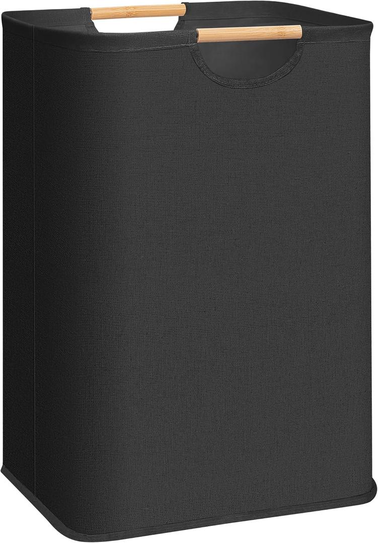 STORAGE MANIAC Large Laundry Hamper, 80L (21.1 Gal) Collapsible Laundry Basket with Bamboo Handles, Freestanding Waterproof Clothes Hamper for Laundry Room, Bedroom, Dorm, Towels, Toys, Black