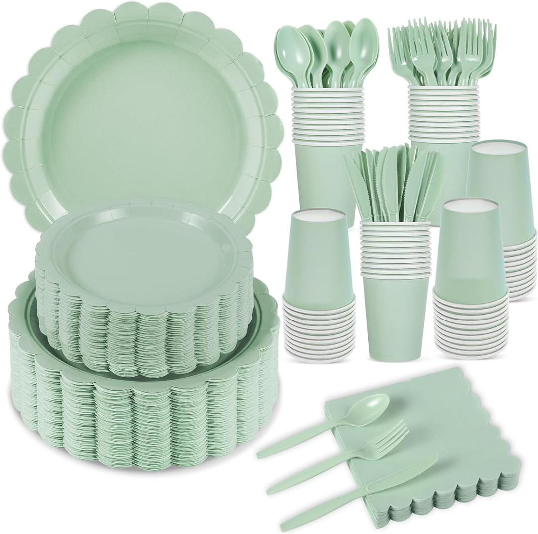 350 Pcs Sage Green Paper Plates and Napkins, Sage Green Party Supplies Include Green Scalloped Plate Paper Napkin Cup Plastic Cutlery for Baby Shower, Wedding, Birthday