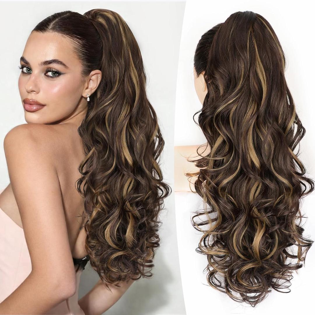 ALXNAN Ponytail Extension,24 Inch Claw Clip in Long Curly Wavy Dark Brown with Golden Blonde Ponytail Hair Extension Jaw Clip on Pony Tails Hairpiece for Women