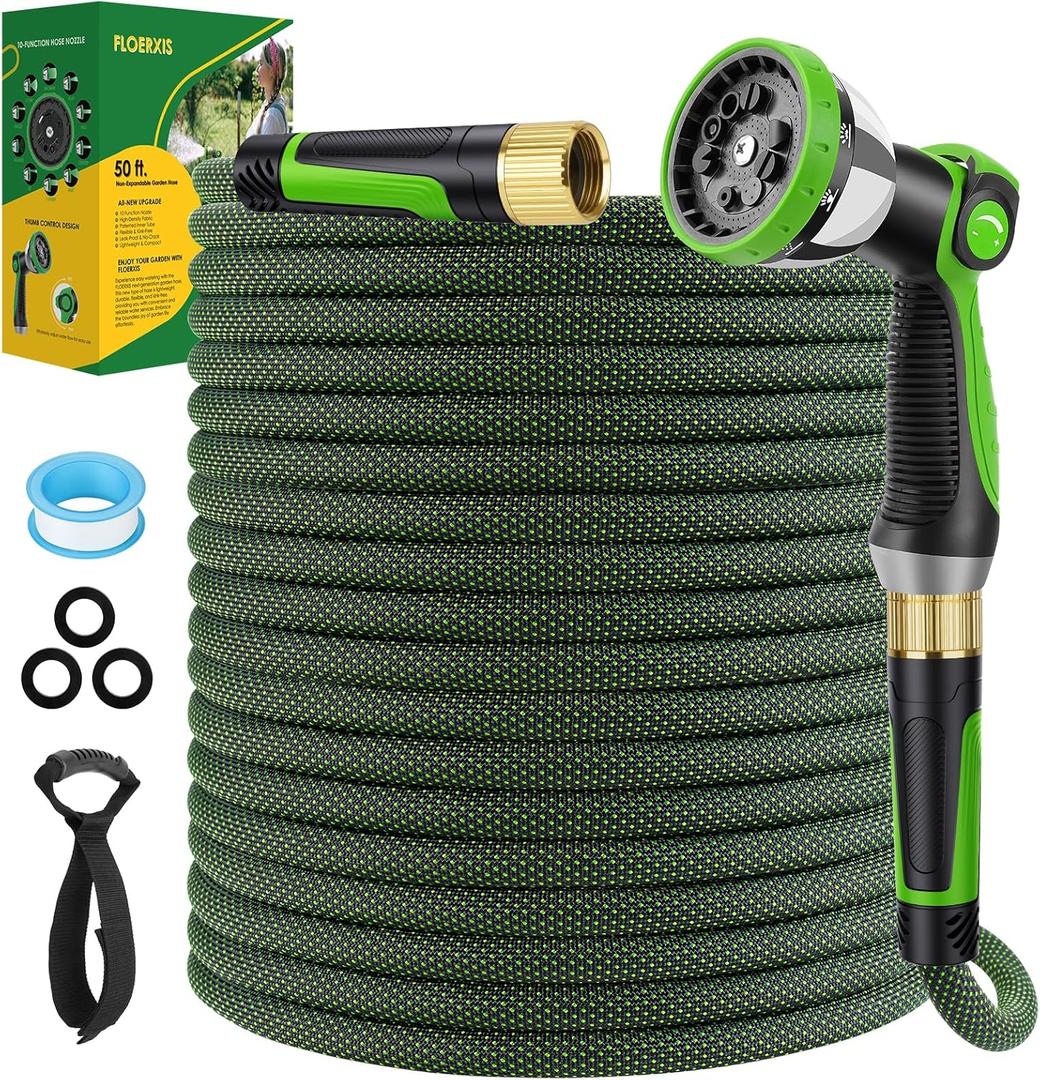 Non-Expandable Garden Hose 50 FT, Lightweight Hose with 10 Function Spray Nozzle, Kink-Free Flexible Water Hose, Durable, Leak-Proof, 360 Swivel Connectors, Portable Storage Strap (Green)