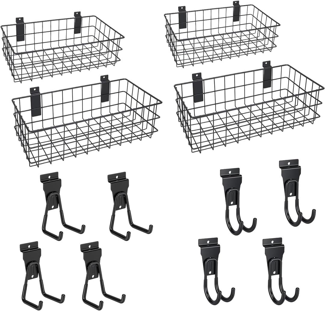 12 Pack Slatwall Organizer Kit with 4 PCs Slatwall Baskets (10.5 to 13.5 Inches) and 8 PCs Slat Wall Hooks Heavy Duty, Black Steel Slatwall Accessory for Garage, Retail Display and Home Storage