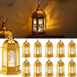 Threan 6 Pcs Ramadan Lantern Lights LED mini Eid Mubarak Lantern Gifts, Ramadan Decorations for Home Table Wall Eid Centerpieces Decor (Gold Moon Castle Meteor)