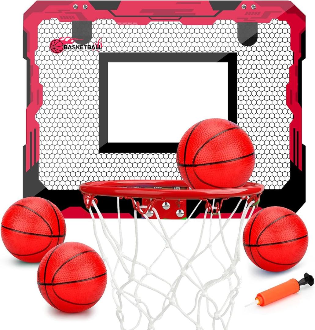 Indoor Mini Basketball Hoop Set Gift for Kids Adults, Upgrade Over Door Hoop with 4 Rubber 6" Balls, Wall Mount Hoop for Bedroom Yard, Christmas Stocking Stuffer Gift for Boys Teen (Red)