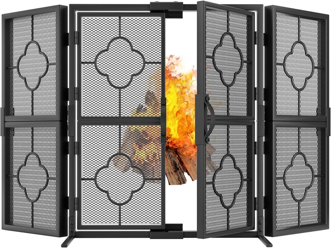 Amagabeli 48 x 28 Inch Fireplace Screen with Doors 3 Panel Foldable Wrought Iron Furnace Fireguards Metal Fireplace Spark Guard Cover Handcrafted Solid Stand Alone Screen for Wood Burning Mesh Fire (Size 1)
