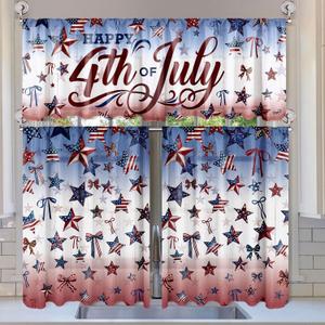 3 Pcs 4th of July Patriotic Kitchen Curtains Valances and Tiers Set for Windows Decor Short Memorial Day 250th Anniversary Red White Blue Star Curtain Set for Independence Day Window Treatment