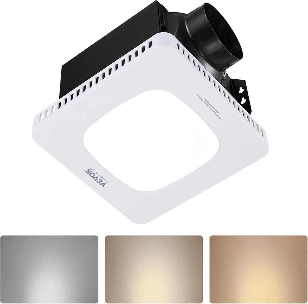 VEVOR Bathroom Exhaust Fan with LED Light, 110 CFM Bathroom Vent Three Gear Color Temp, 1.5 Sones Low-Noise, Premium AC Motor Ceiling Fan for Laundry Room, Storage Room, Home Ventilation, White