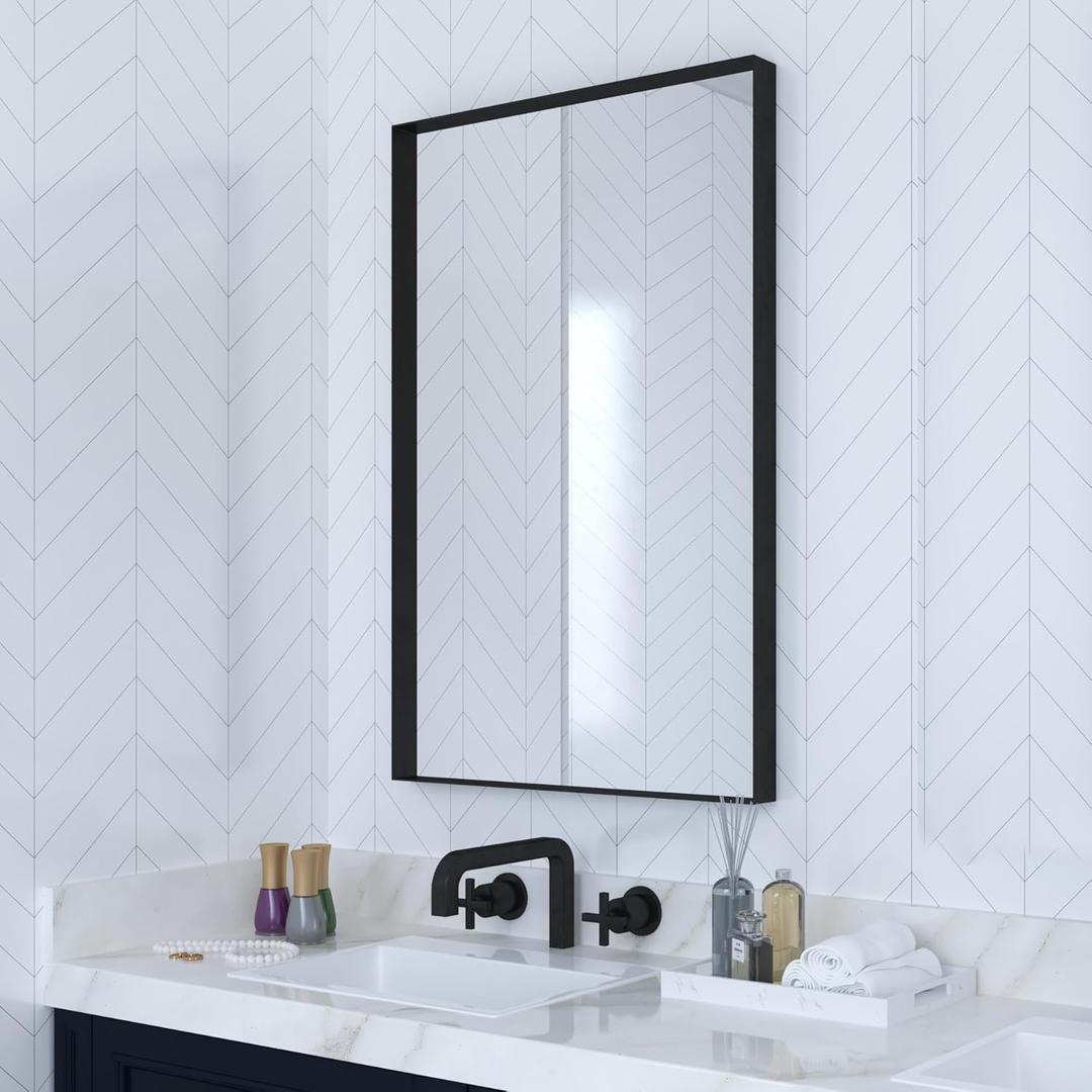 VocalStar Black Metal Framed Bathroom Mirror for Wall, 18 x 26 Inch Square Corner Rectangle Black Bathroom Vanity Mirror Modern Farmhouse, 1/4-inch Shatterproof Glass | Ultra-Flush Hanging