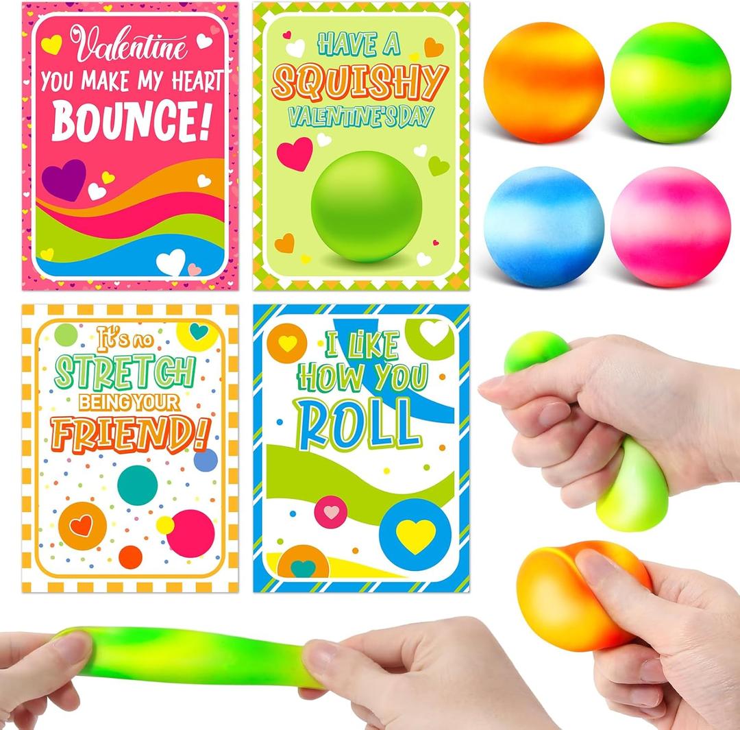 OCHIDO 24Packs Kids Valentines Day Cards with Squeeze Ball Set, Valentines Day Gifts for Kids Classroom Exchange School Prizes, Valentines Party Favors Stretchy Balls Sensory Toys for Girls Boys