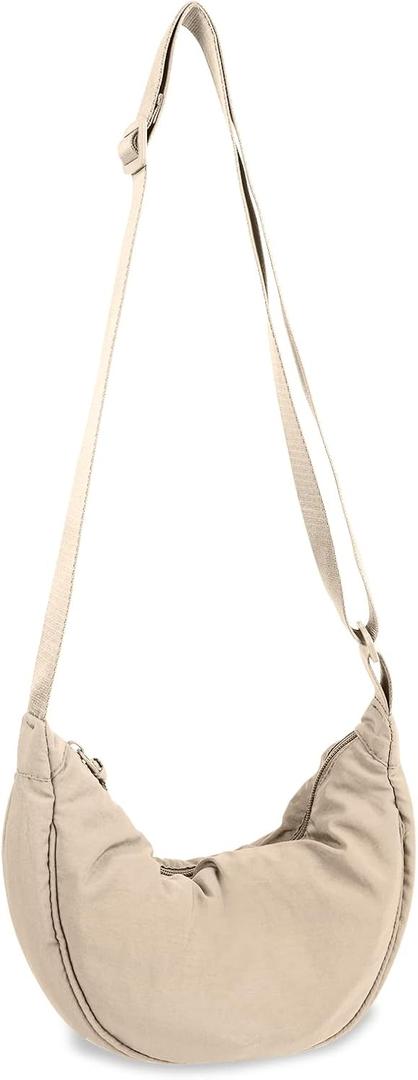 Nylon Crescent Crossbody Bag for Women Purses Trendy Men,Small Travel Sling Bag Hobo, Beige