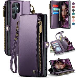 Defencase Compatible with Samsung Galaxy S22 Ultra Case Wallet with RFID Blocking Card Holder for Women Men, PU Leather Magnetic Snap Flip Zipper Strap Phone Case Fit for Galaxy S22 Ultra 5G, Purple