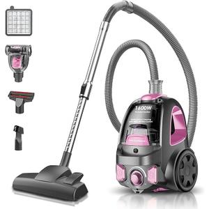 PKUYIE Canister Vacuum Cleaner, 32Kpa 1600W Cyclon Power, Dust Full Indicator, Double HEPA Filters, 3.7Qt Large Capacity, Lightweight Vac for Hard Floors, Carpets, Pet Hair, Pink