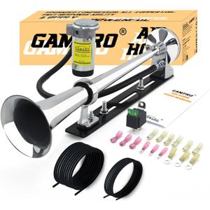 GAMPRO 12V 150DB Air Horn with Install Mounting Bracket Kit, 18 Inches Single Trumpet Truck Air Horn with Compressor Kit for Any 12V Vehicles Trucks Lorrys Trains Boats Cars (Black and Silver)